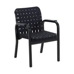 Armchair 45 Black Lacquered Natural Linen Webbing Black-Dark Blue Armrests with Leather Flat Wrap - view 1
