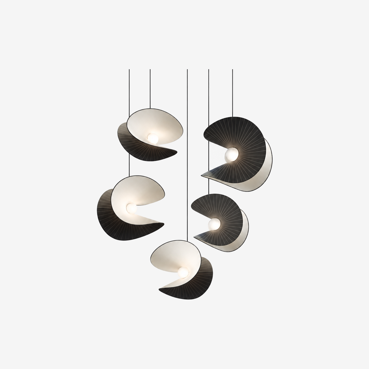 Mariposa — five-pendant arrangement illustration based on official black-and-white cotton model; five-light styling composition; two disputed shapes corrected using official front and reverse photo references; guide-sized thumbnail; AI-generated, not a factory set photograph