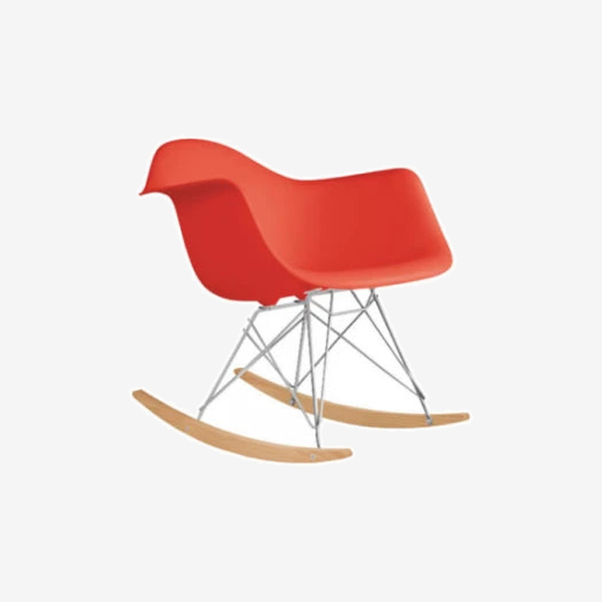 Eames Molded Plastic Armchair, Rocker Base (Red orange / Natural maple)