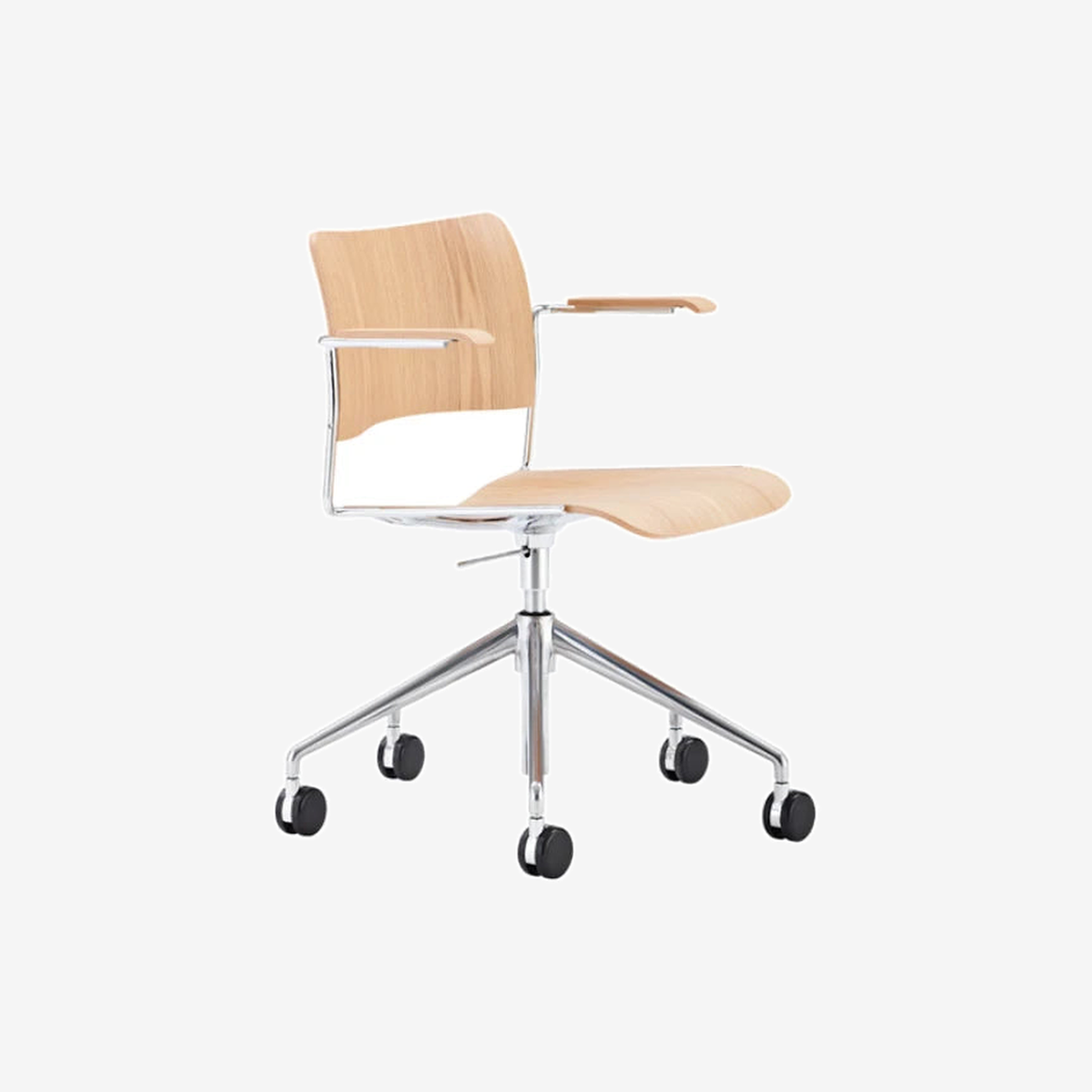 40/4 Swivel Arm Chair Oak Veneer Chrome Castors Side Chair